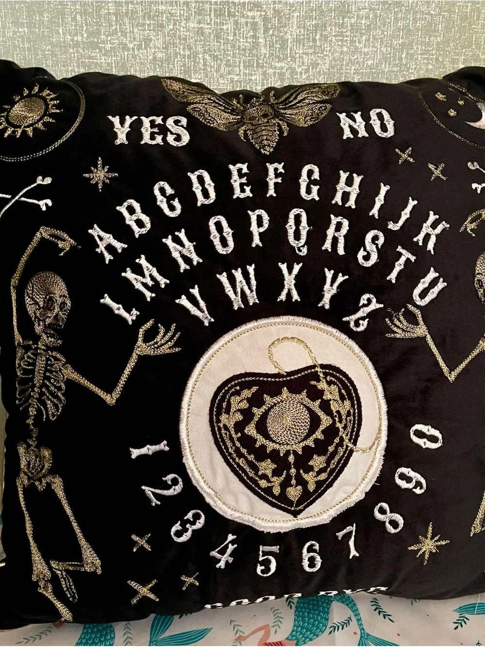 Ouija Planchette Embroidered Velvet Pillow - Black and Gold with Skeletons